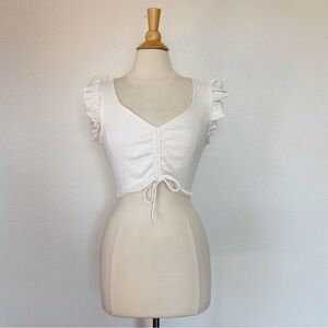 Zara Solid White Ruffle Sleeve Ruched & Ribbed Crop Top